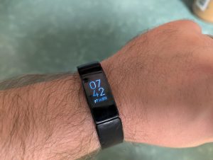 This is my watch, a Fitbit Inspire. I bought it because it's a pedometer, but am pleased that it's also a wristwatch. I'm dreading when it eventually stops working (they're made with rechargeable but non-replaceable batteries), as it seems that Google bought Fitbit simply to eliminate them as a competitor, and they've stopped manufacturing Fitbit products.