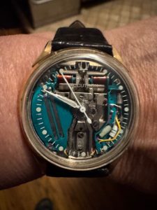 Here’s a photo of my favorite vintage watch- a Bulova Accutron Space view watch. It became popular after the moon walk in 1969. I love that instead of a watch face, you can see the workings of the innovative accutron watch. It worked off a tuning fork type device. Instead of ticking - it hums. I wear it on special occasions. As a watch lover, I’m sad to say I’ve gone over to the dark side and now wear an I-watch.